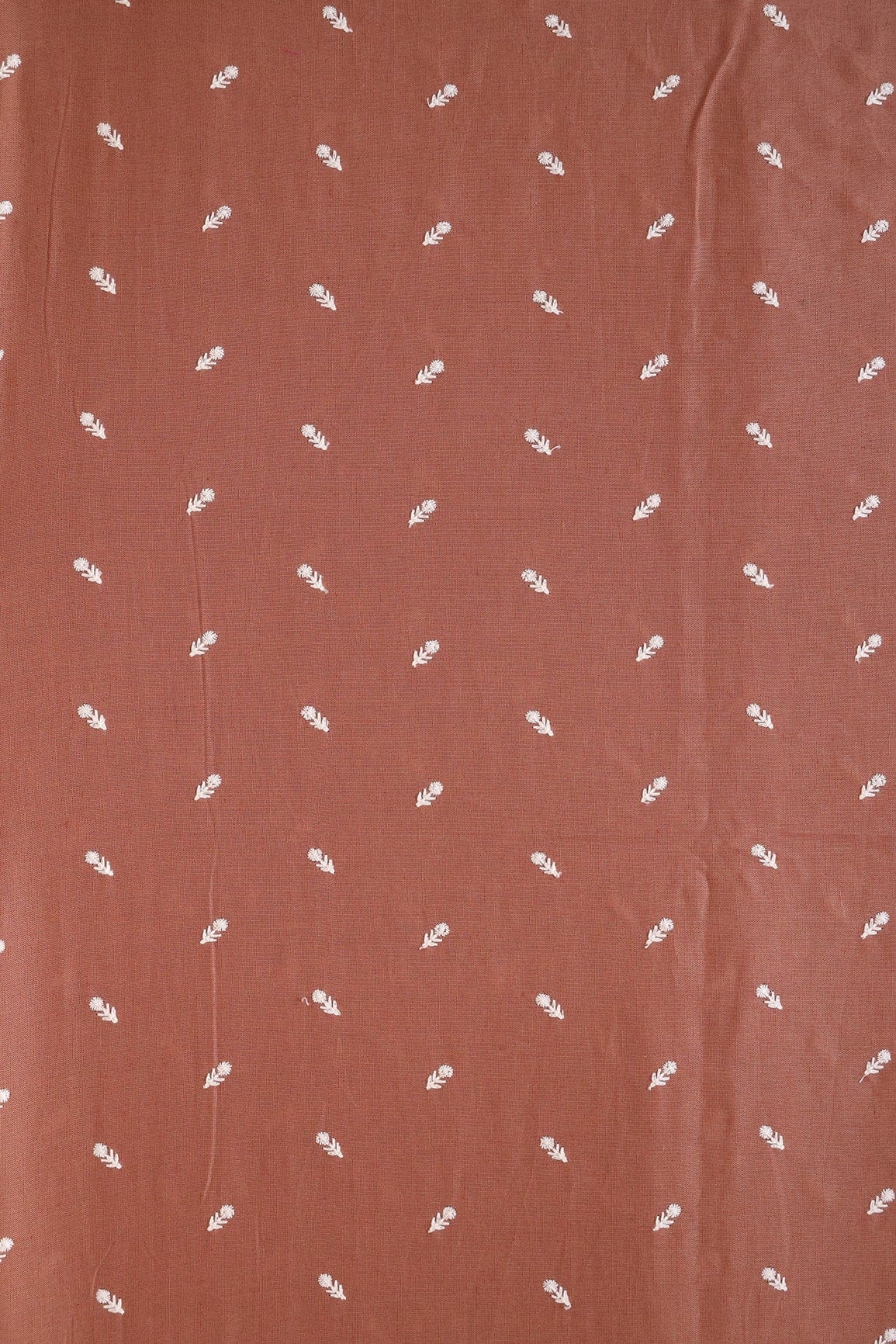 White Thread Small Floral Motif Embroidery Work On Brown Cotton Linen Fabric - doeraa