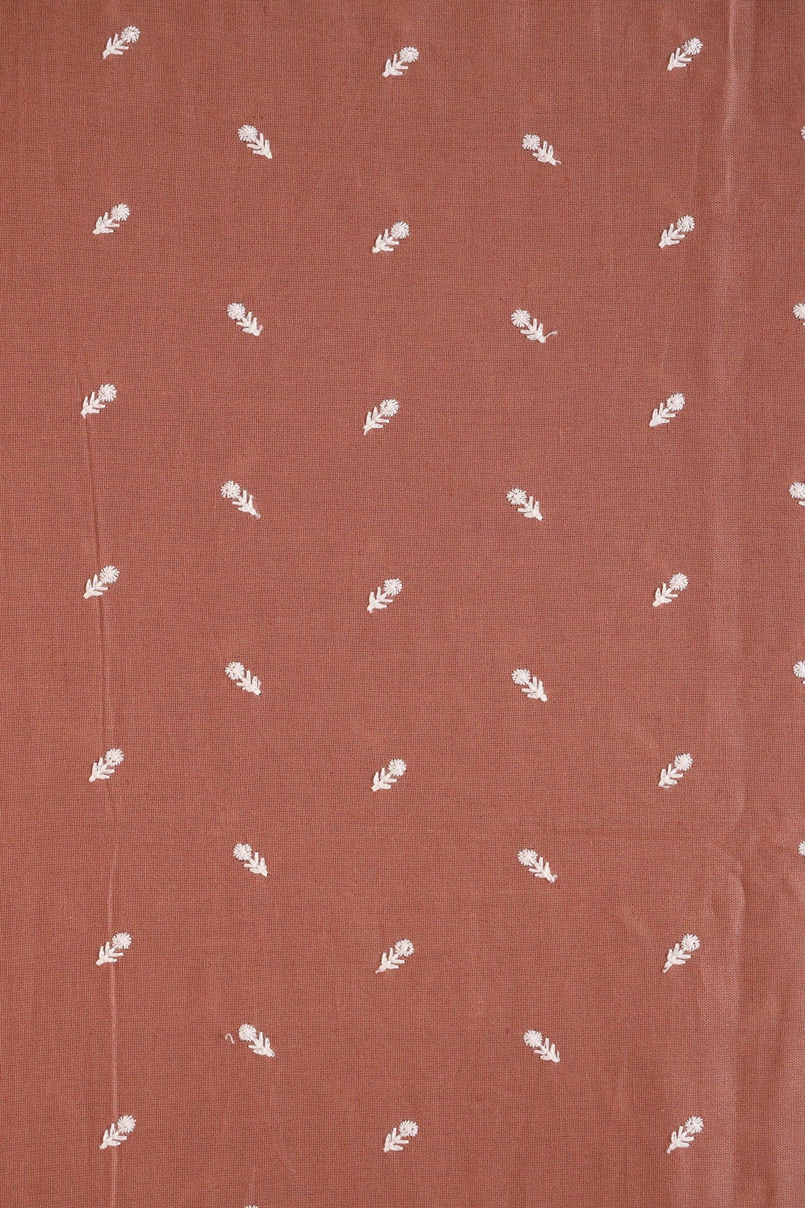White Thread Small Floral Motif Embroidery Work On Brown Cotton Linen Fabric - doeraa