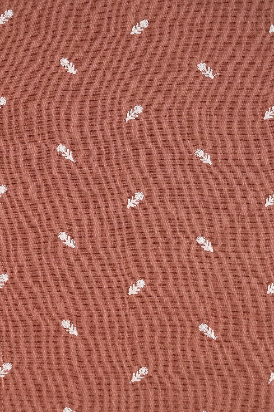 White Thread Small Floral Motif Embroidery Work On Brown Cotton Linen Fabric - doeraa
