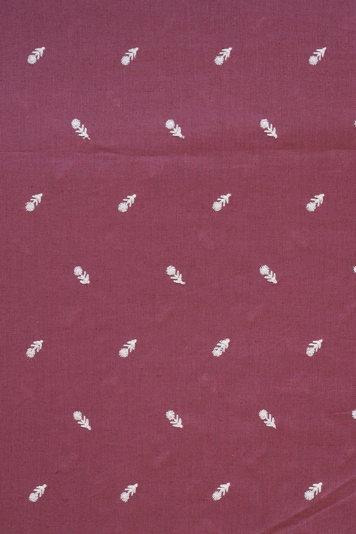 White Thread Small Floral Motif Embroidery Work On Dark Mauve Cotton Linen Fabric - doeraa