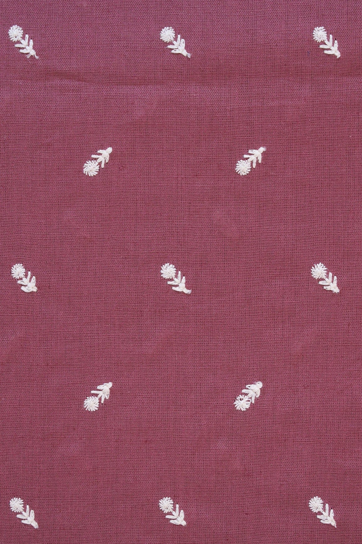White Thread Small Floral Motif Embroidery Work On Dark Mauve Cotton Linen Fabric - doeraa