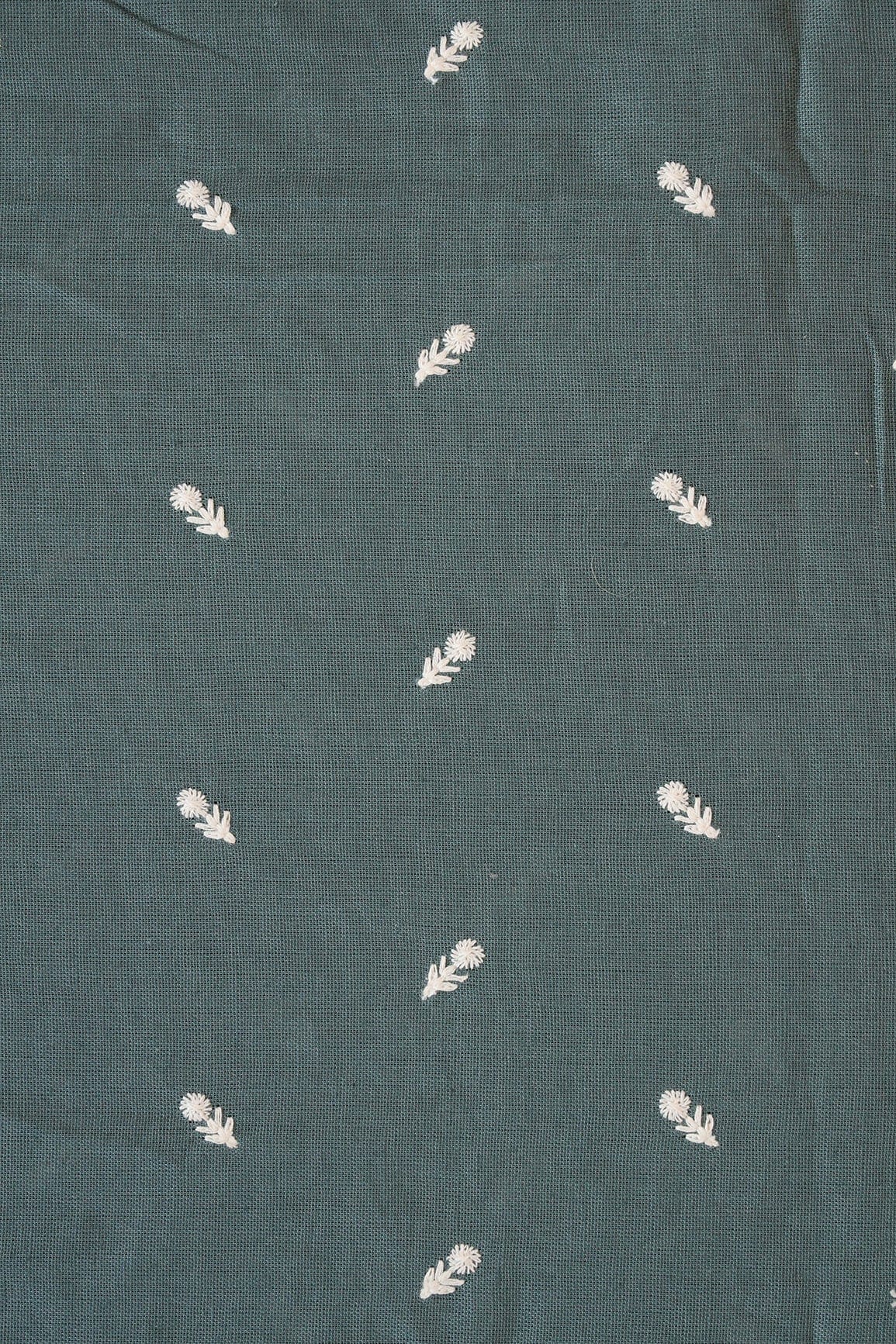 White Thread Small Floral Motif Embroidery Work On Dark Peacock Green Cotton Linen Fabric - doeraa