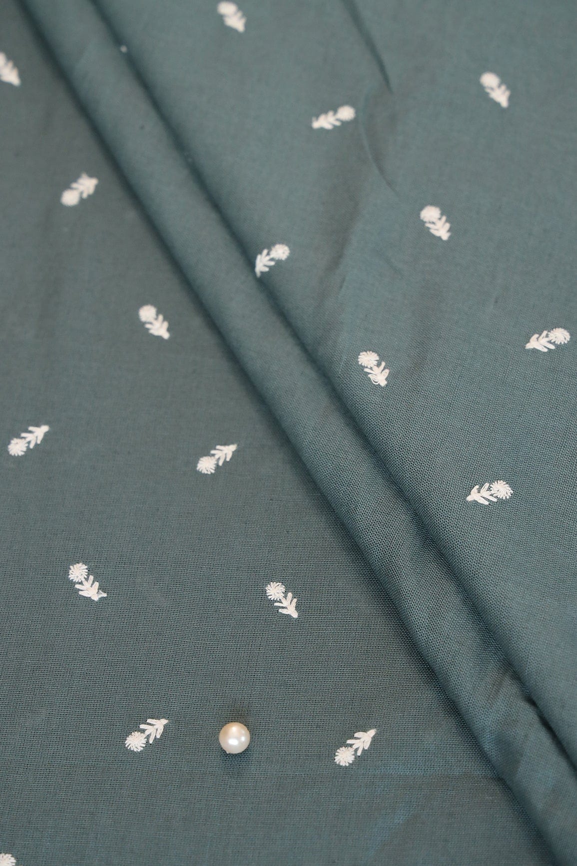 White Thread Small Floral Motif Embroidery Work On Dark Peacock Green Cotton Linen Fabric - doeraa