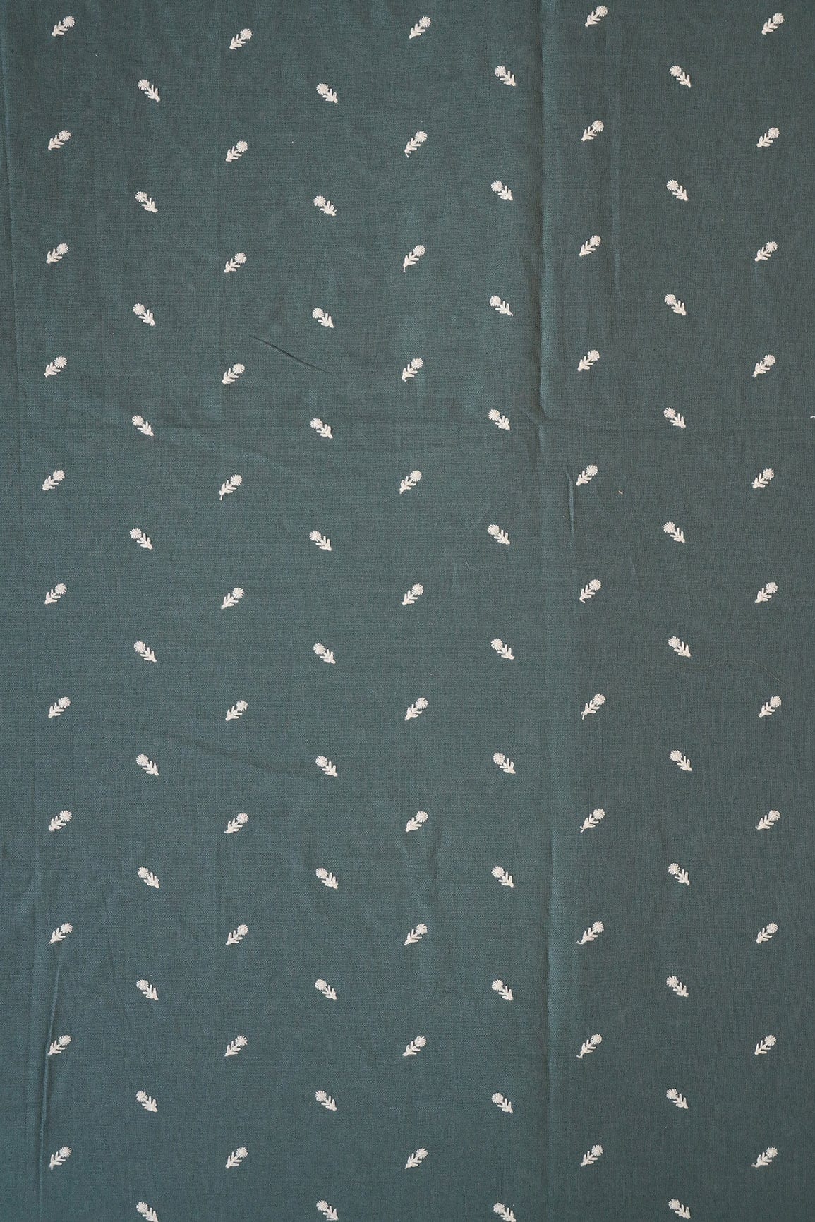 White Thread Small Floral Motif Embroidery Work On Dark Peacock Green Cotton Linen Fabric - doeraa