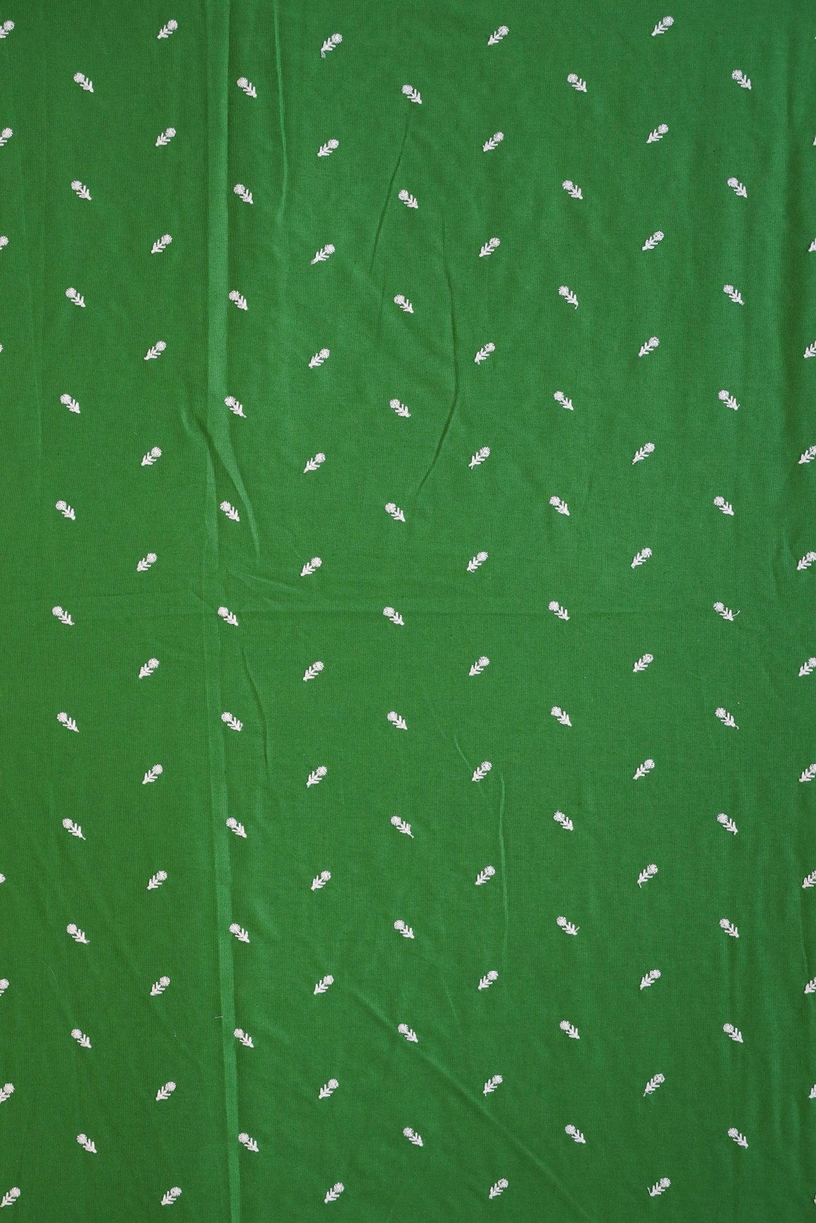 White Thread Small Floral Motif Embroidery Work On Green Cotton Linen Fabric - doeraa