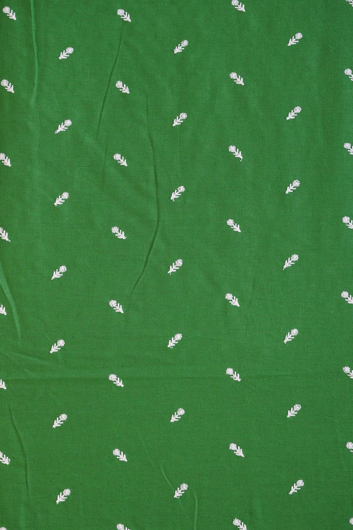 White Thread Small Floral Motif Embroidery Work On Green Cotton Linen Fabric - doeraa