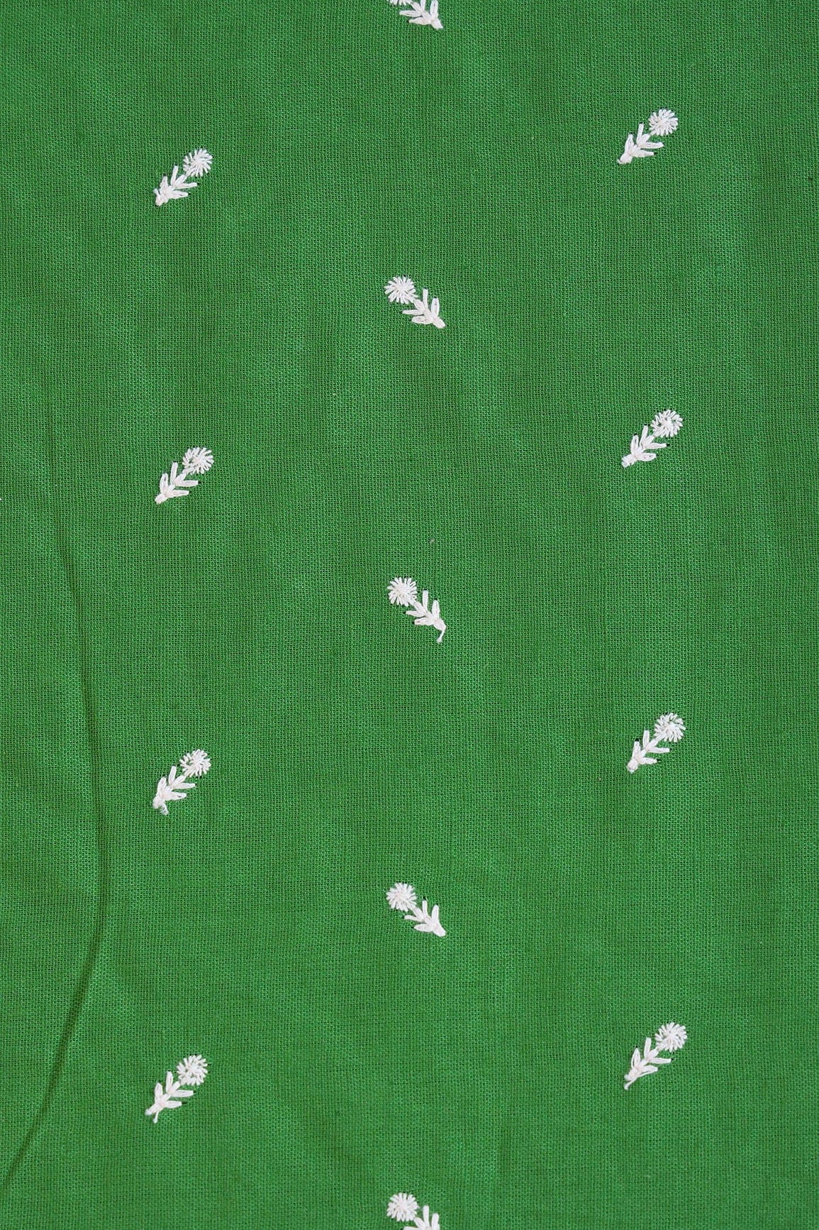 White Thread Small Floral Motif Embroidery Work On Green Cotton Linen Fabric - doeraa