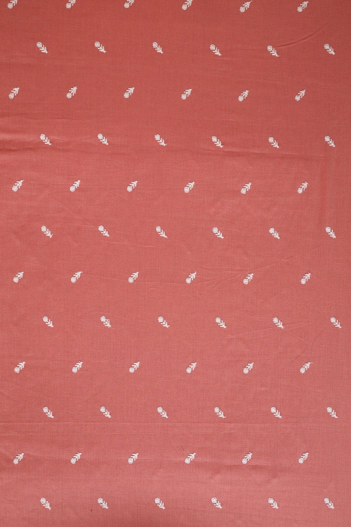 White Thread Small Floral Motif Embroidery Work On Peach Cotton Linen Fabric - doeraa