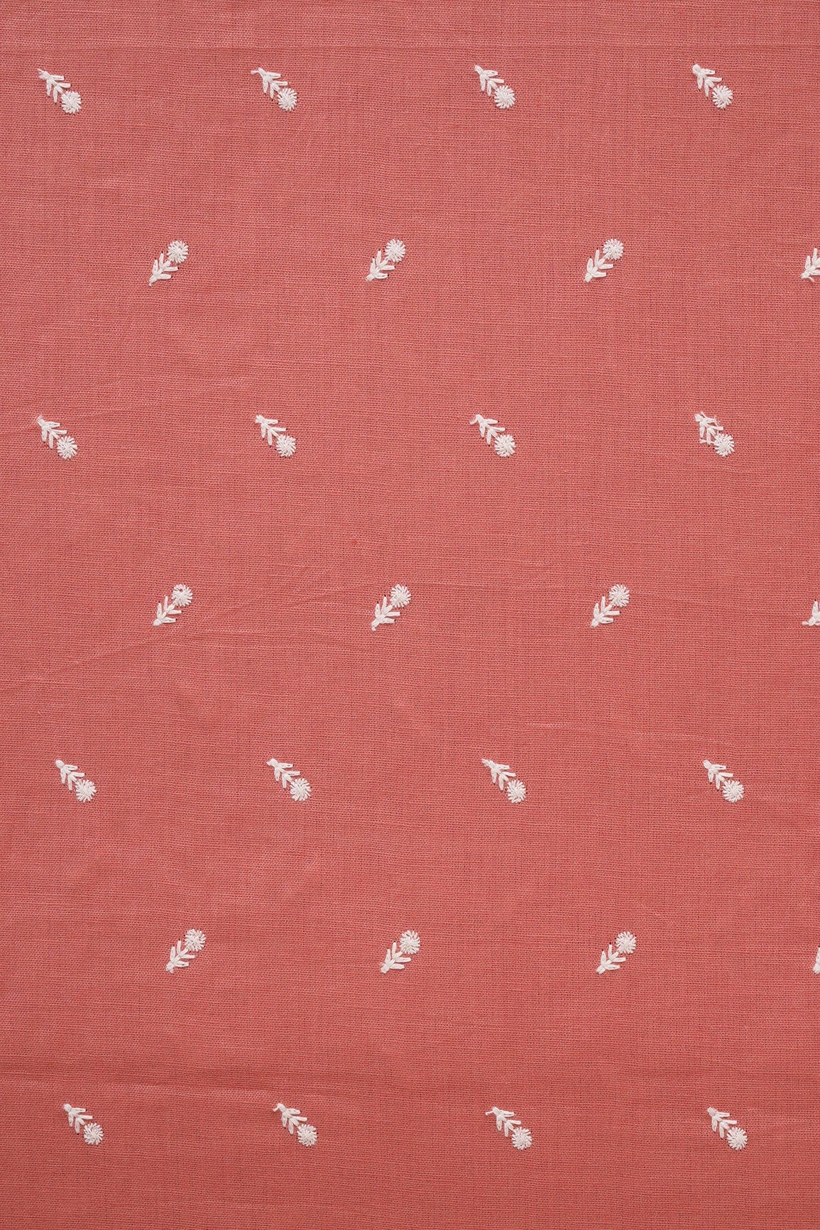 White Thread Small Floral Motif Embroidery Work On Peach Cotton Linen Fabric - doeraa