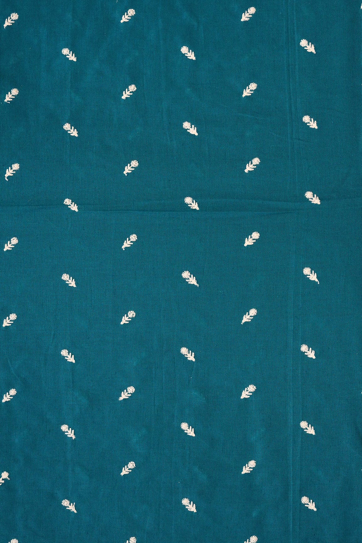 White Thread Small Floral Motif Embroidery Work On Turquoise Cotton Linen Fabric - doeraa