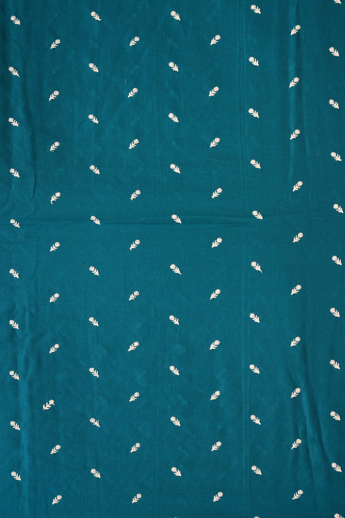 White Thread Small Floral Motif Embroidery Work On Turquoise Cotton Linen Fabric - doeraa