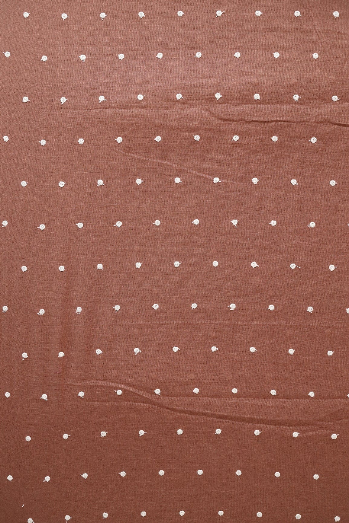White Thread Small Polka Embroidery Work On Brown Cotton Linen Fabric - doeraa