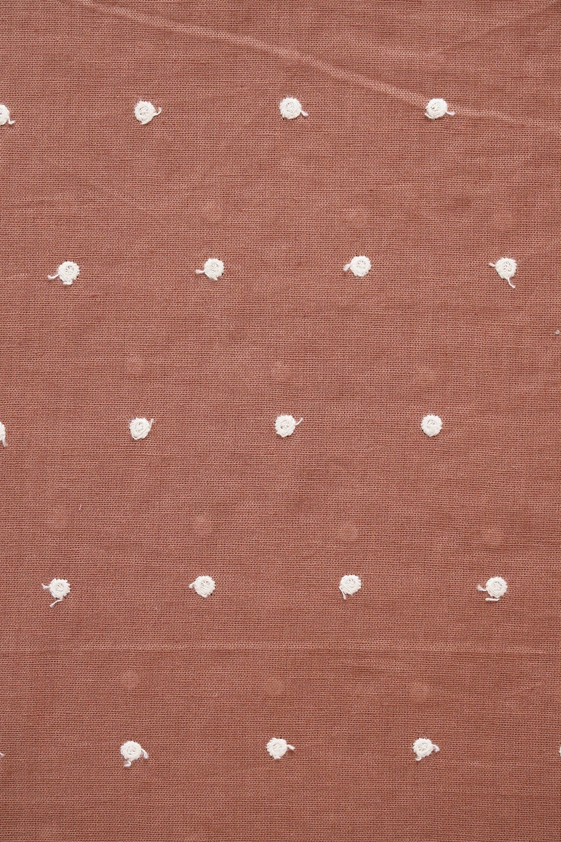 White Thread Small Polka Embroidery Work On Brown Cotton Linen Fabric - doeraa
