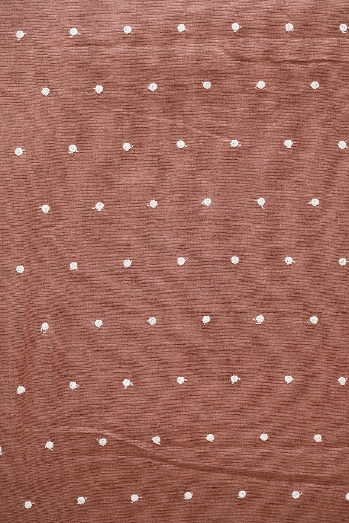 White Thread Small Polka Embroidery Work On Brown Cotton Linen Fabric - doeraa