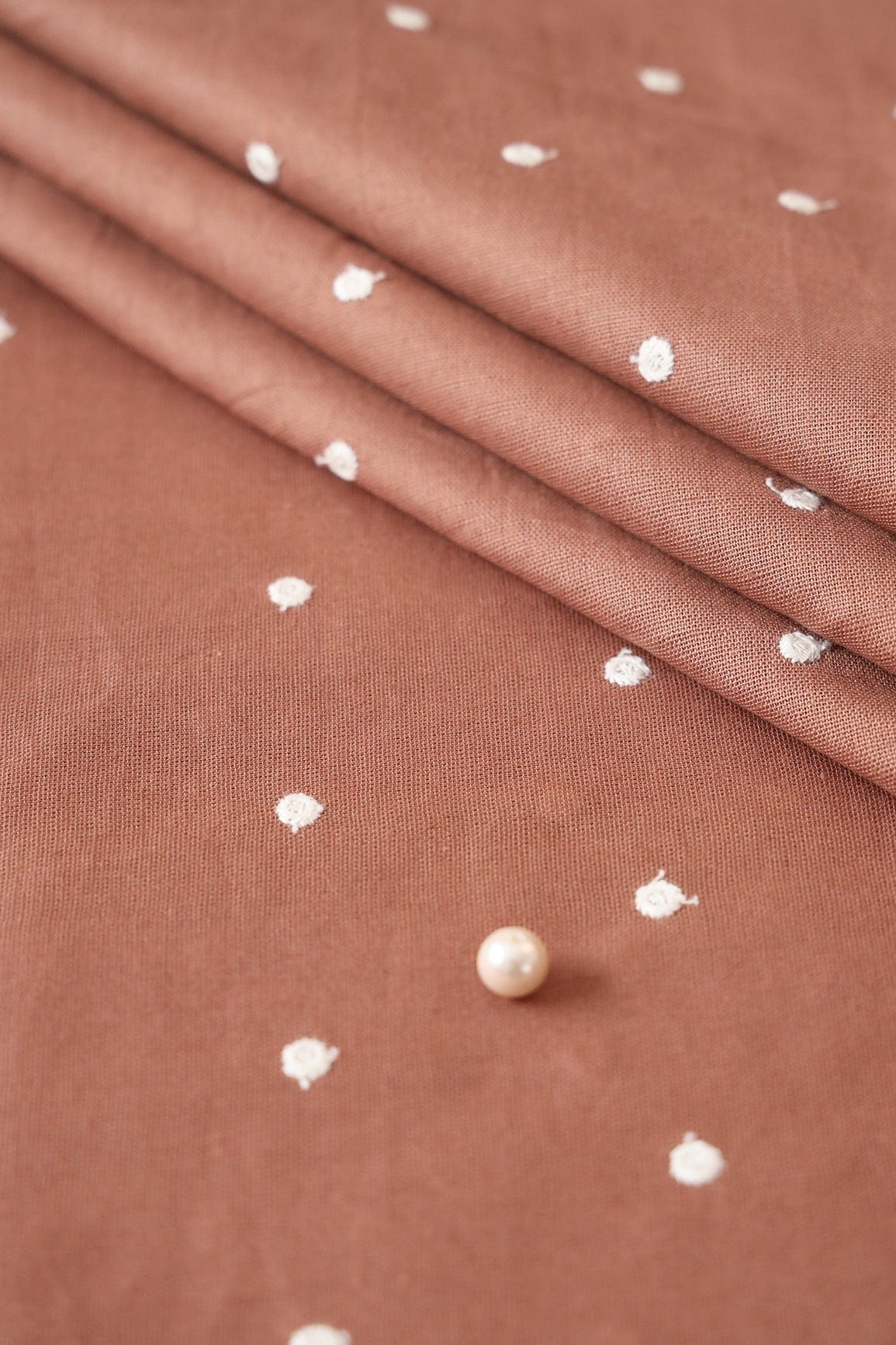 White Thread Small Polka Embroidery Work On Brown Cotton Linen Fabric - doeraa