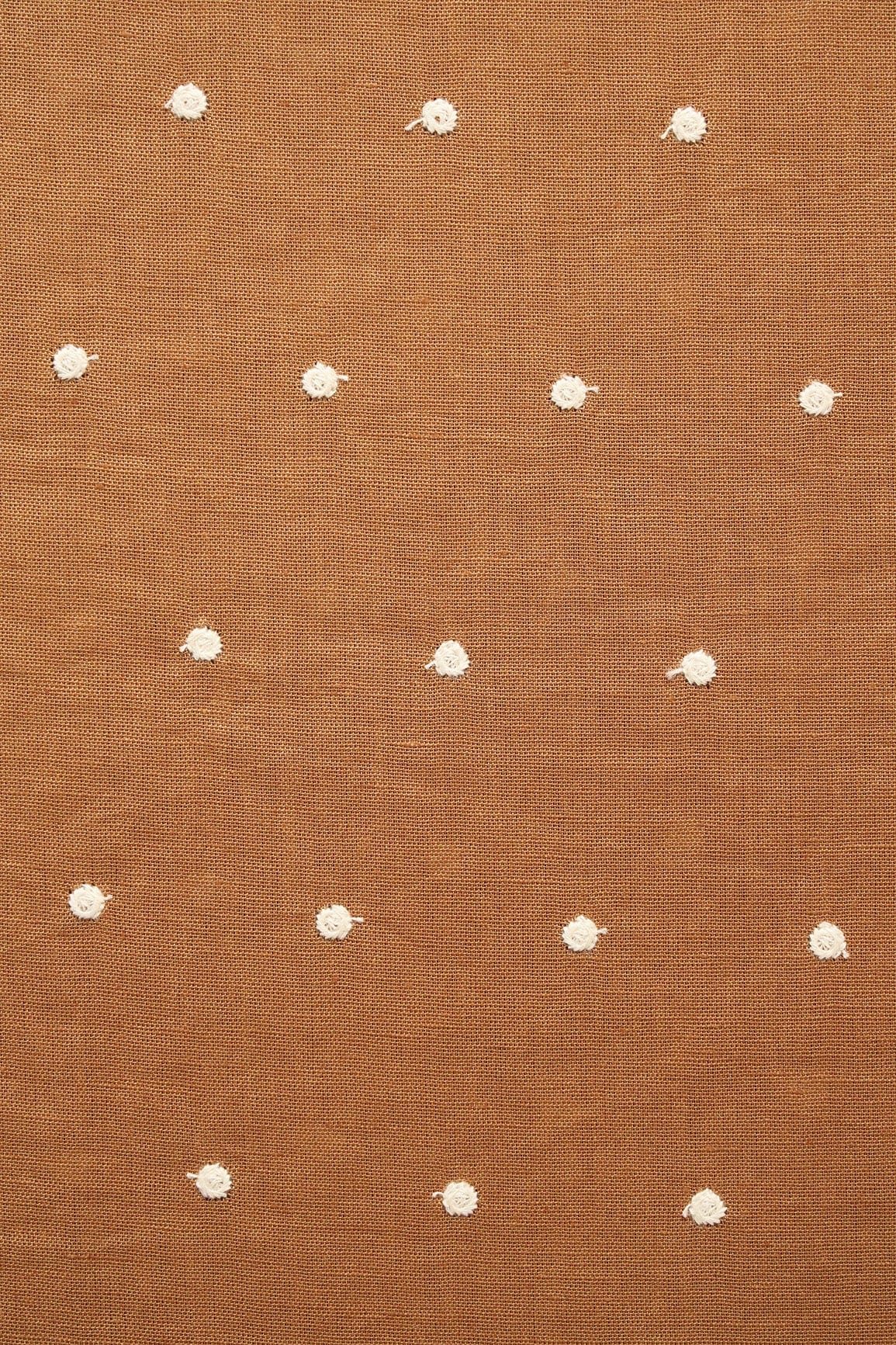 White Thread Small Polka Embroidery Work On Copper Brown Cotton Linen Fabric - doeraa