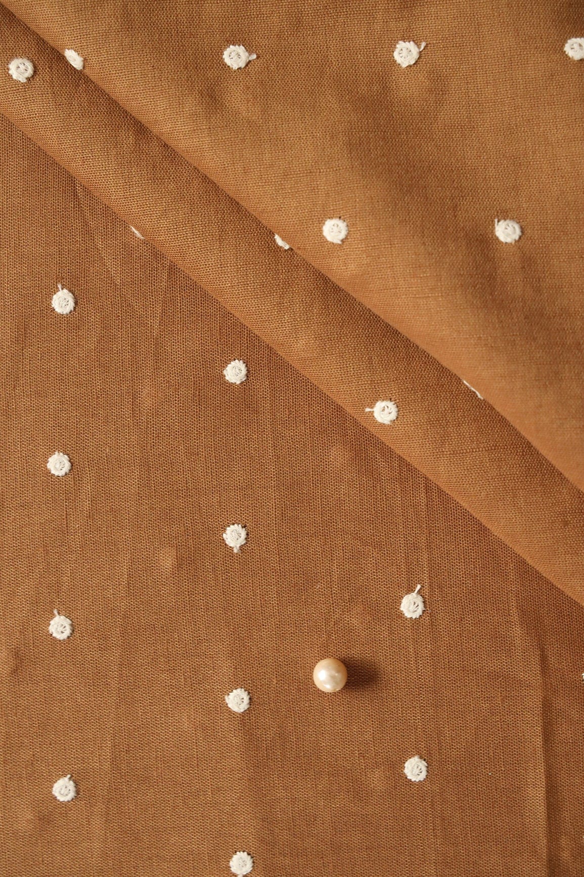 White Thread Small Polka Embroidery Work On Copper Brown Cotton Linen Fabric - doeraa