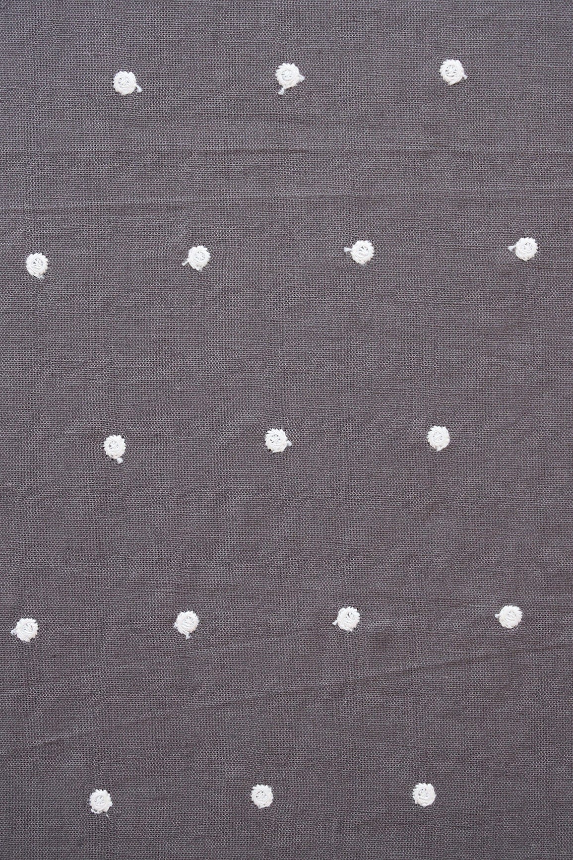 White Thread Small Polka Embroidery Work On Dark Grey Cotton Linen Fabric - doeraa