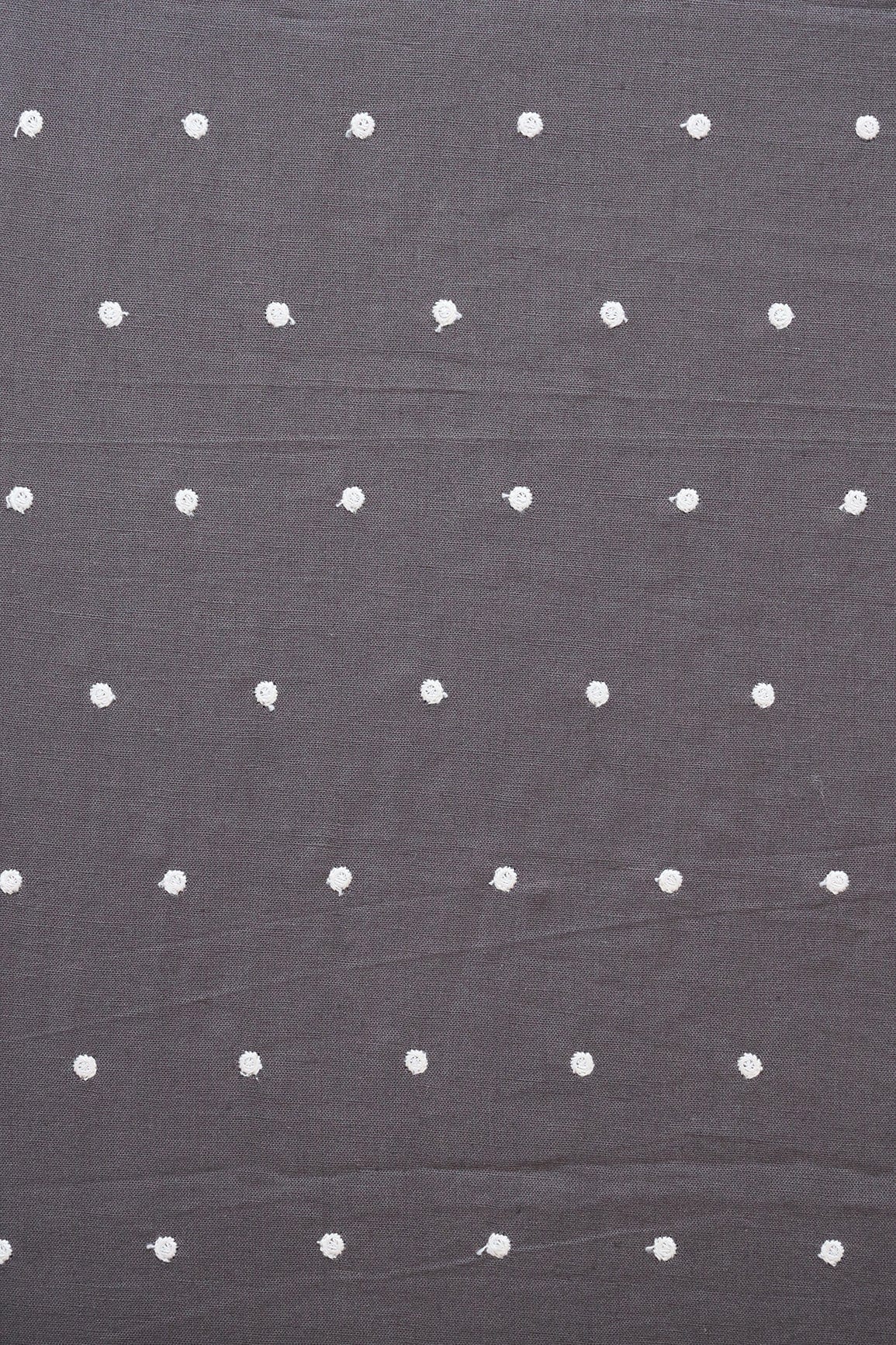 White Thread Small Polka Embroidery Work On Dark Grey Cotton Linen Fabric - doeraa