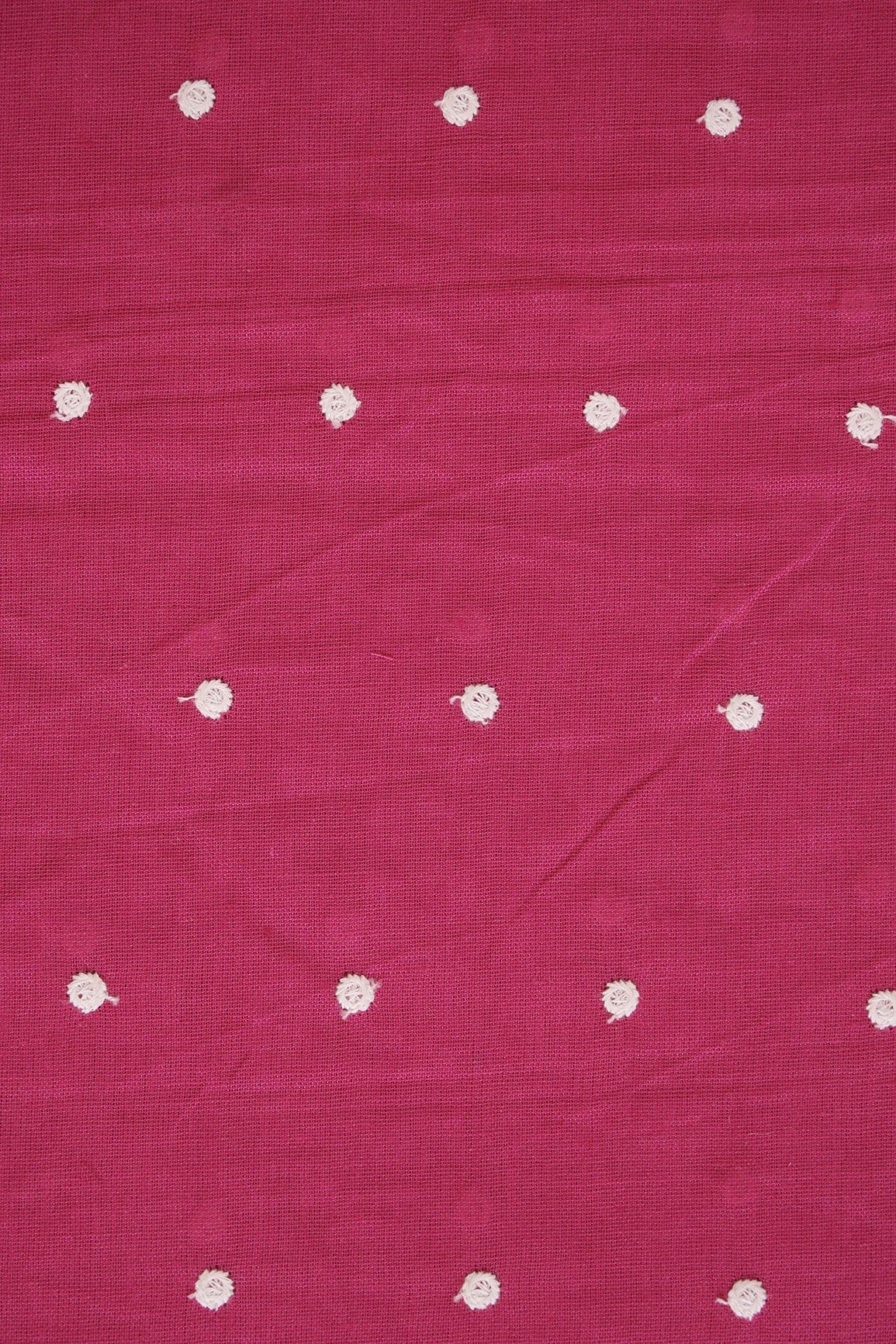 White Thread Small Polka Embroidery Work On Fuchsia Cotton Linen Fabric - doeraa