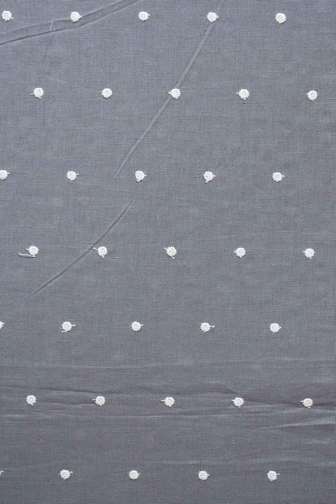 White Thread Small Polka Embroidery Work On Grey Cotton Linen Fabric - doeraa