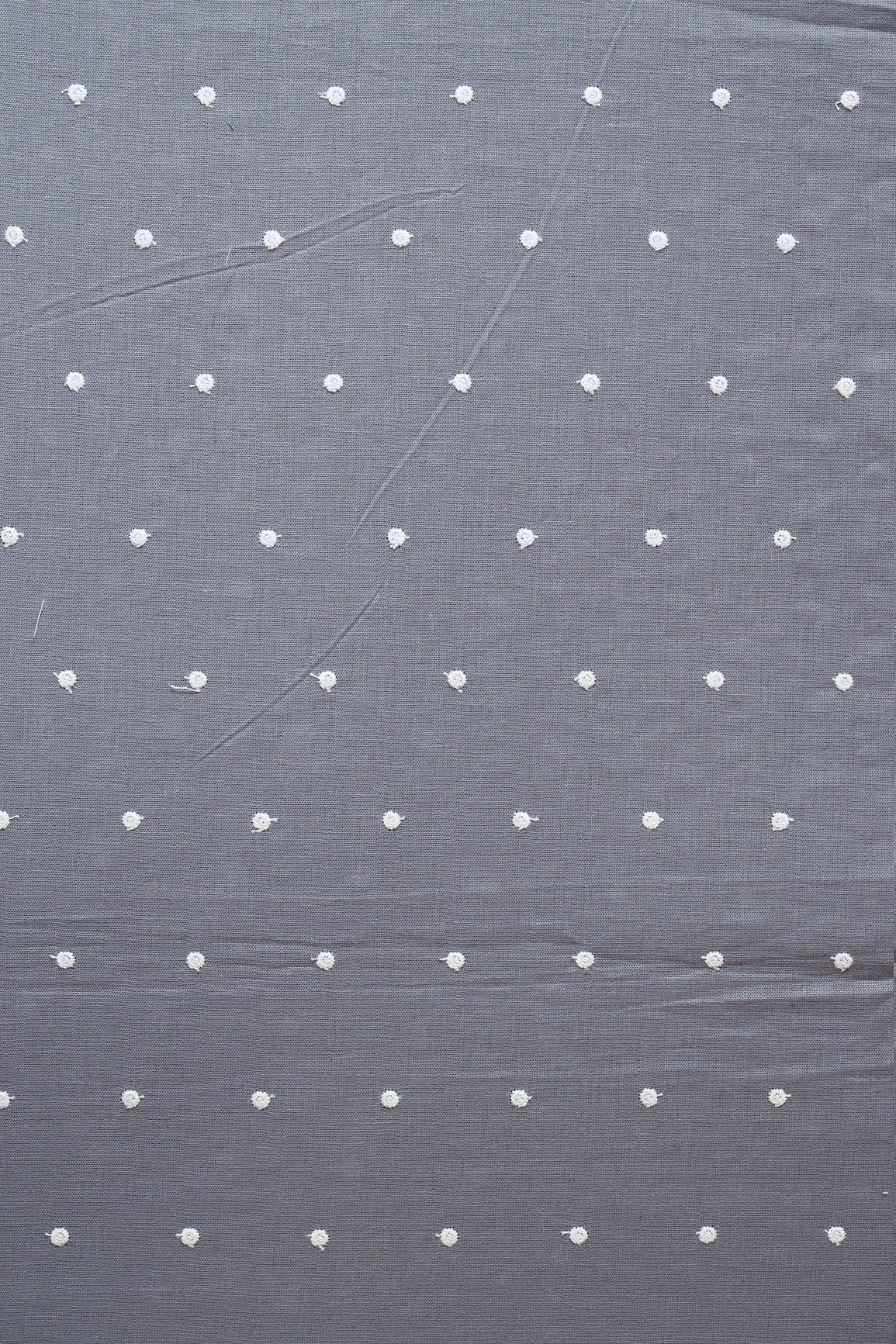 White Thread Small Polka Embroidery Work On Grey Cotton Linen Fabric - doeraa