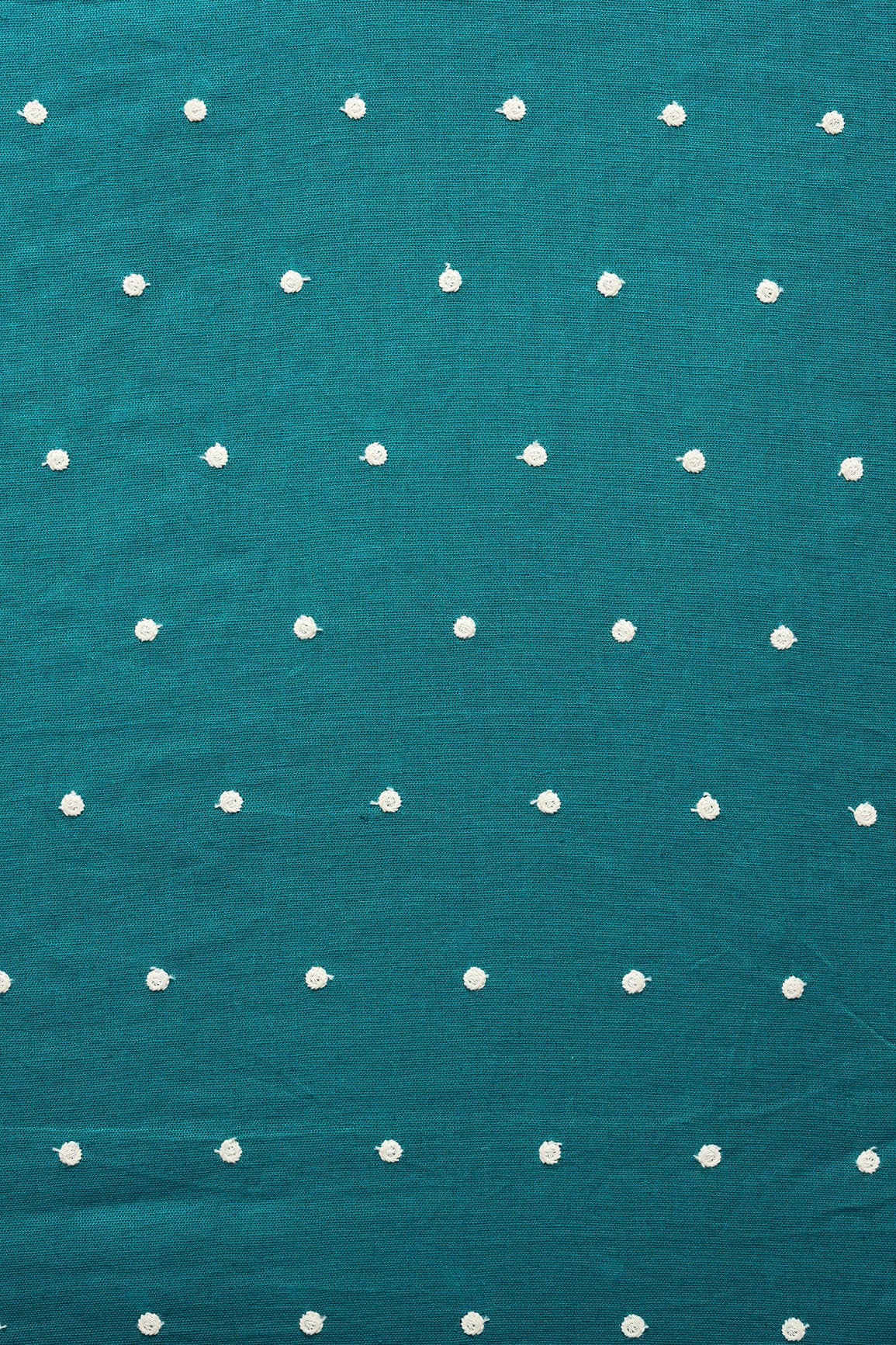 White Thread Small Polka Embroidery Work On Turquoise Cotton Linen Fabric - doeraa