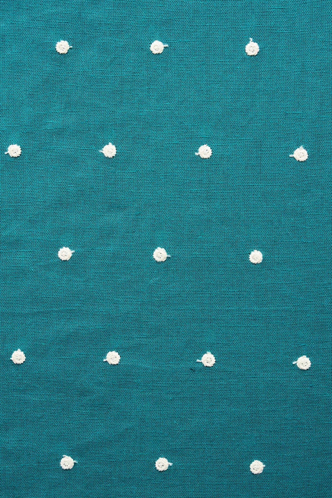 White Thread Small Polka Embroidery Work On Turquoise Cotton Linen Fabric - doeraa