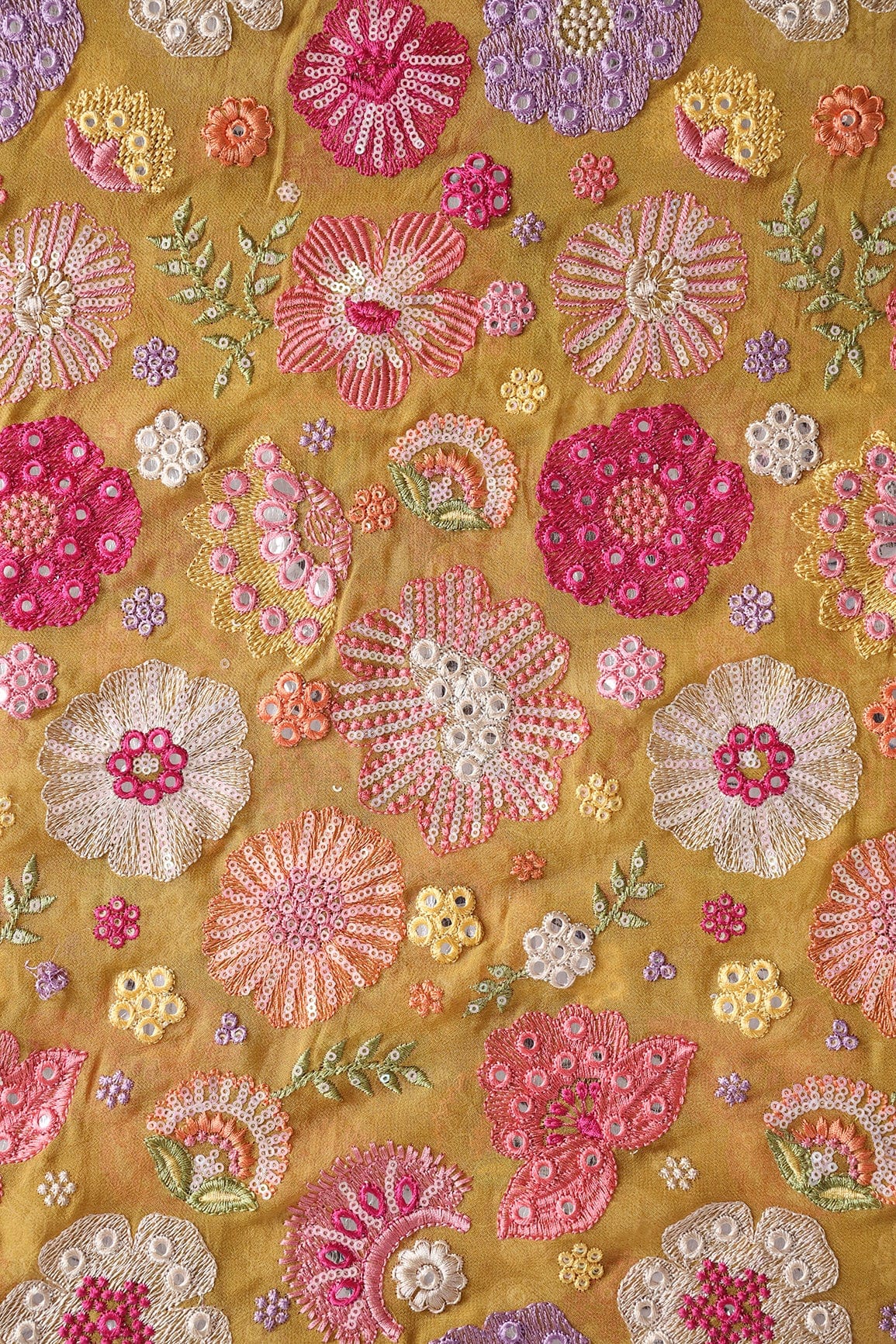 0.70 Meter Cut Piece Of Floral Designer Embroidery With Faux Mirror On Mustard Georgette Fabric - doeraa