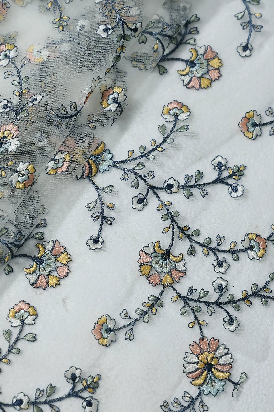 0.70 Meter Cut Piece Of Multi Thread With Gold Sequins Floral Embroidery On Light Olive Soft Net Fabric - doeraa