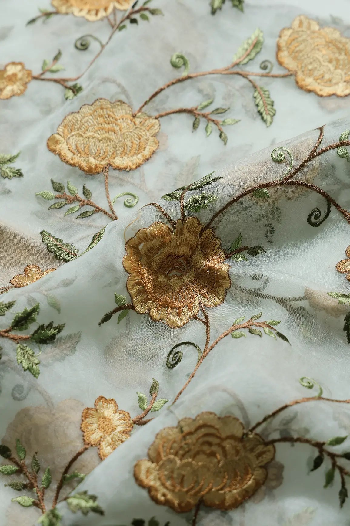 0.75 Meter Cut Piece Of Beautiful Floral Multi Color Thread with Sequins Embroidery Work On Olive Organza Fabric - doeraa