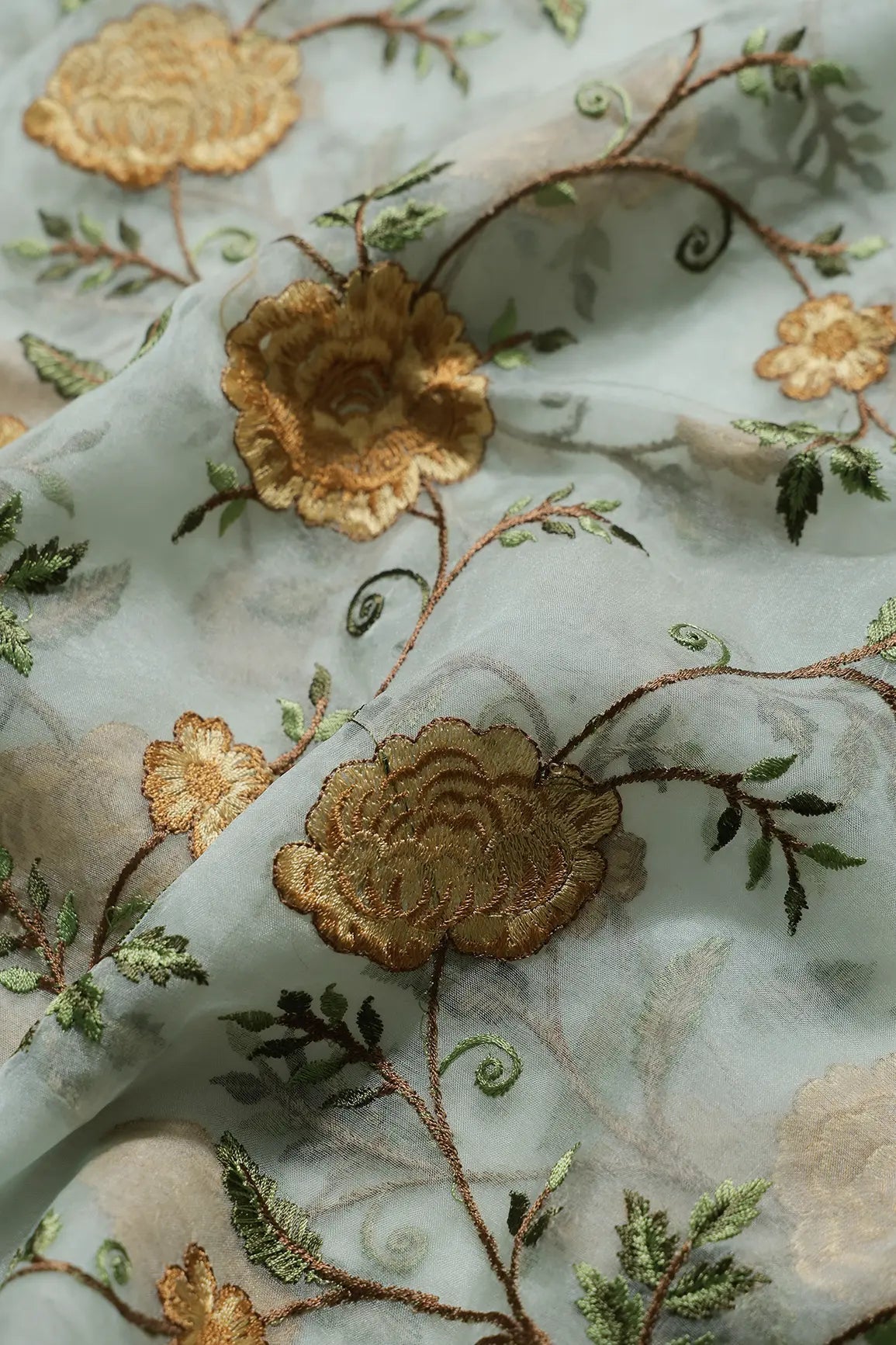 0.75 Meter Cut Piece Of Beautiful Floral Multi Color Thread with Sequins Embroidery Work On Olive Organza Fabric - doeraa
