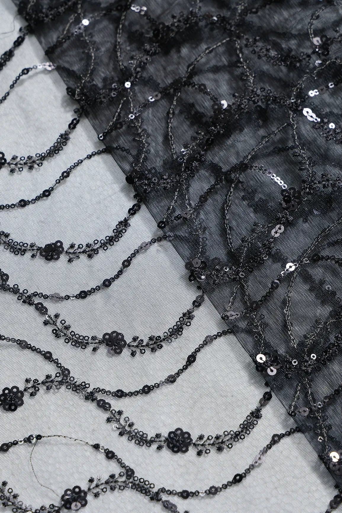 0.75 Meter Cut Piece Of Beautiful Sequins With Black Thread Wavy Embroidery Work On Black Soft Net Fabric - doeraa