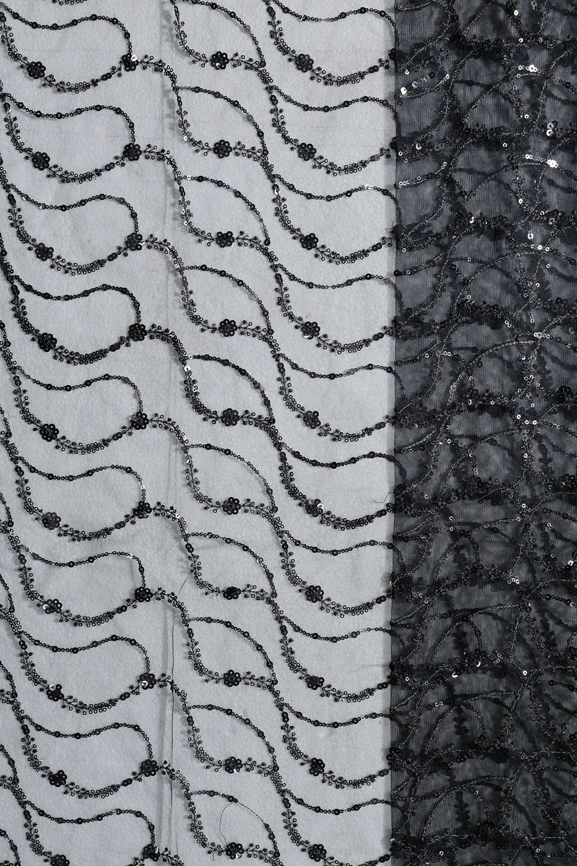 0.75 Meter Cut Piece Of Beautiful Sequins With Black Thread Wavy Embroidery Work On Black Soft Net Fabric - doeraa