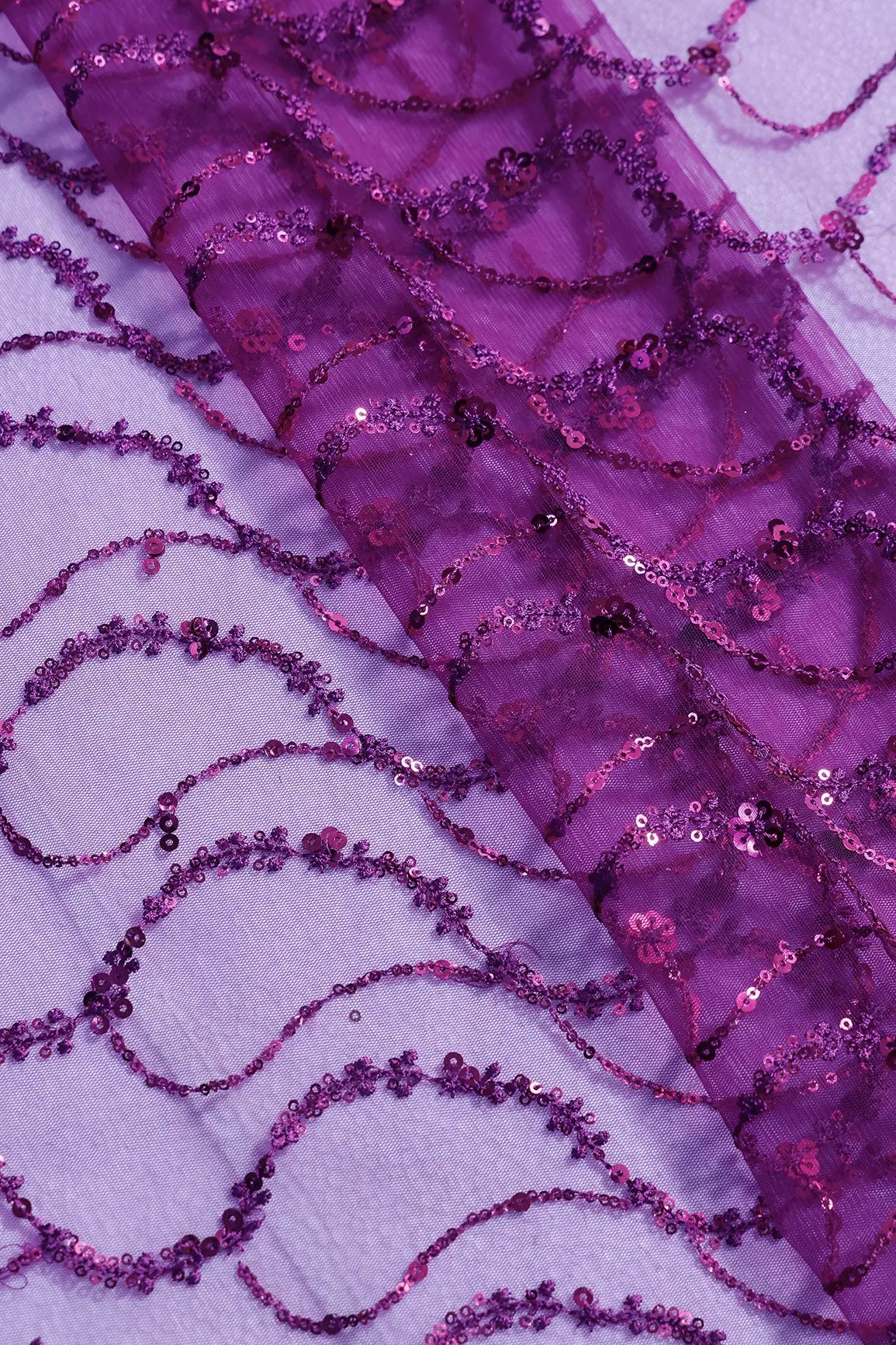 0.75 Meter Cut Piece Of Beautiful Sequins With Magenta Thread Wavy Embroidery Work On Magenta Soft Net Fabric - doeraa