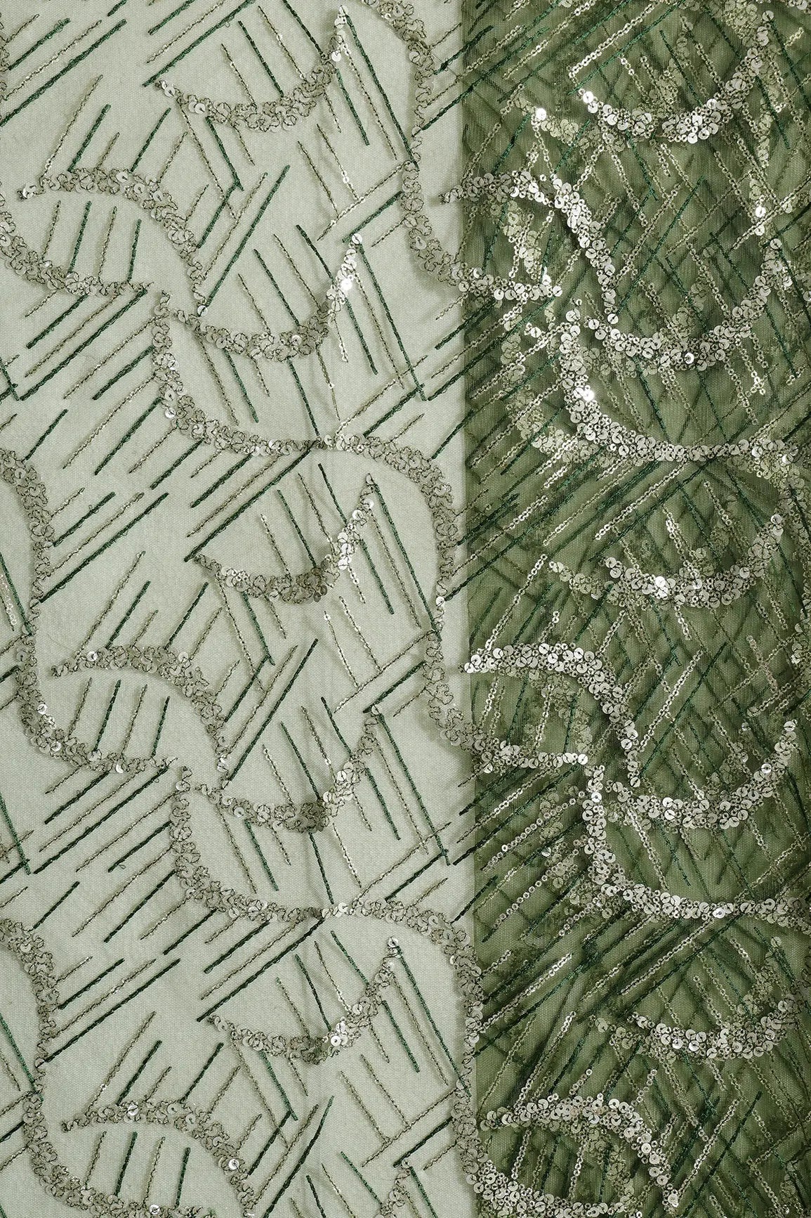 0.75 Meter Cut Piece Of Gold Sequins With Green Thread Abstract Embroidery On Mehndi Green Soft Net Fabric - doeraa