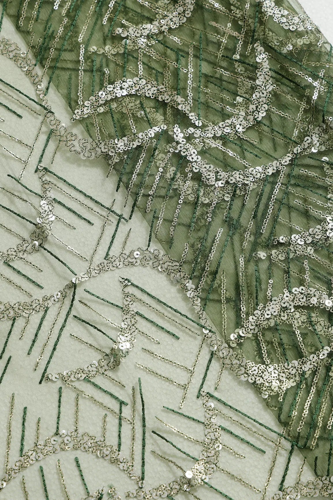 0.75 Meter Cut Piece Of Gold Sequins With Green Thread Abstract Embroidery On Mehndi Green Soft Net Fabric - doeraa