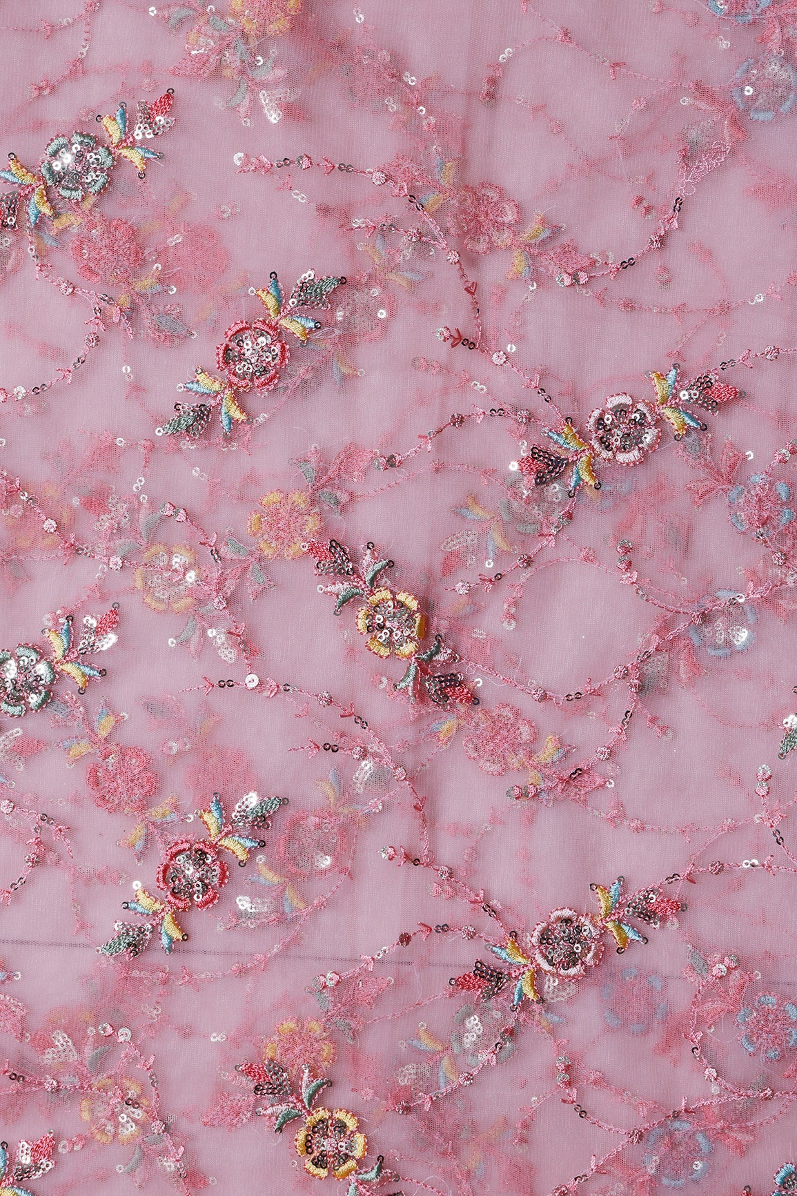 0.75 Meter Cut Piece Of Multi Thread With Gold Sequins Floral Embroidery Work On Light Pink Soft Net Fabric - doeraa