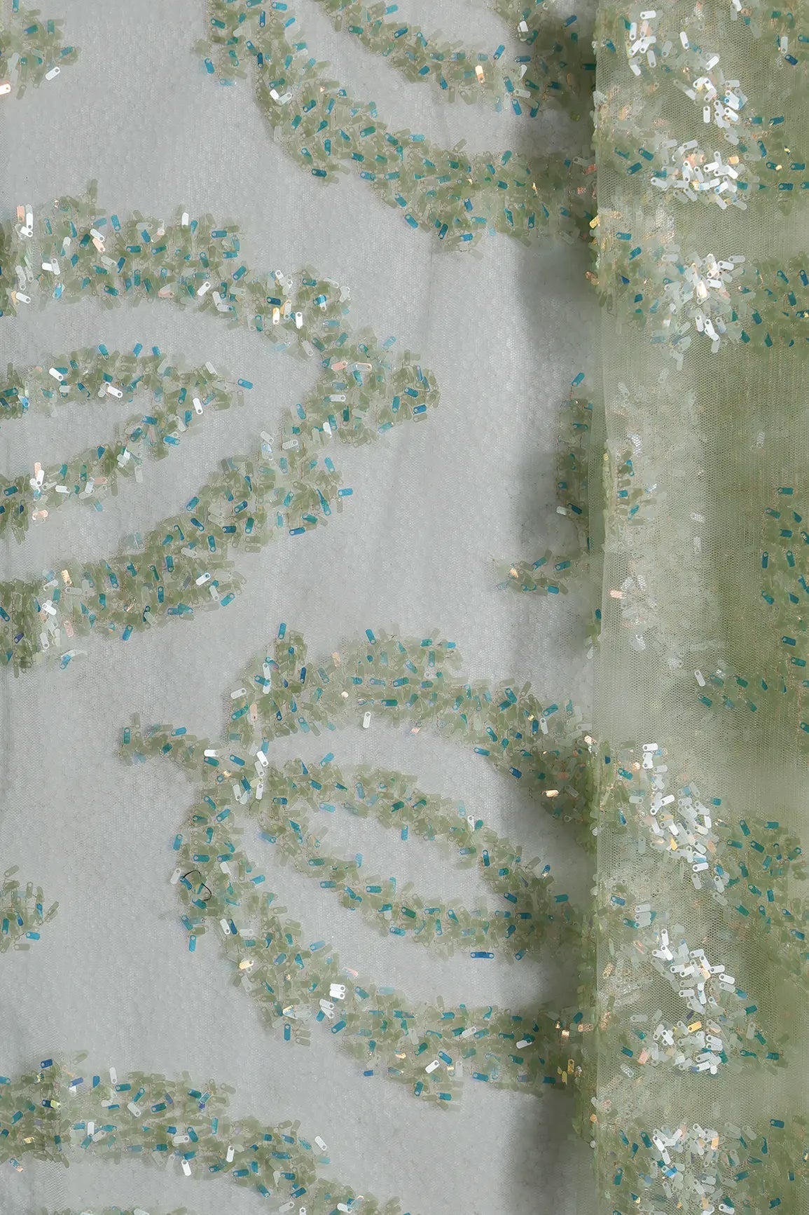 0.75 Meter Cut Piece Of Oval Sequins Abstract Embroidery Work On Olive Soft Net Fabric - doeraa