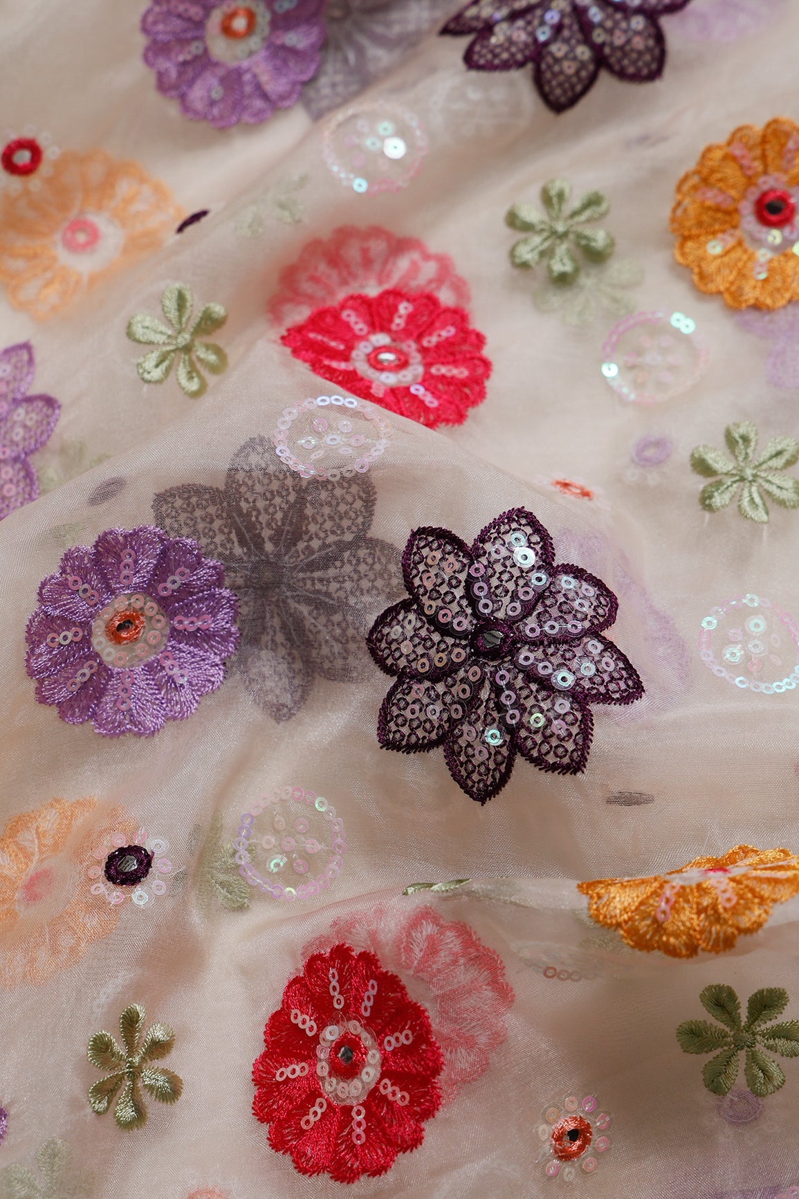 1 Meter Cut Piece Of Exclusive Floral Designer Embroidery With Faux Mirror On Cream Organza Fabric - doeraa