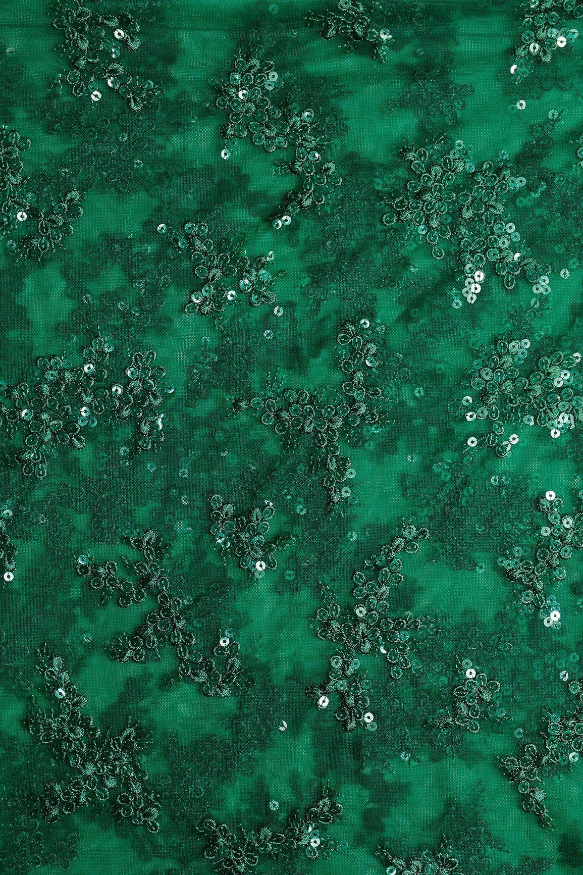 1 Meter Cut Piece Of Exclusive Green Thread With Sequins Abstract Embroidery Work On Bottle Green Soft Net Fabric - doeraa