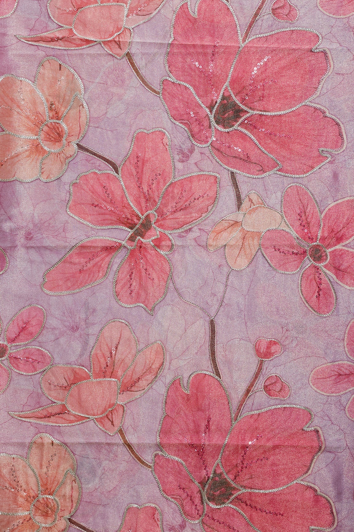1 Meter Cut Piece Of Floral Positional Print On Sequins With Zari Embroidery On Pastel Pink Zari Tissue Fabric - doeraa