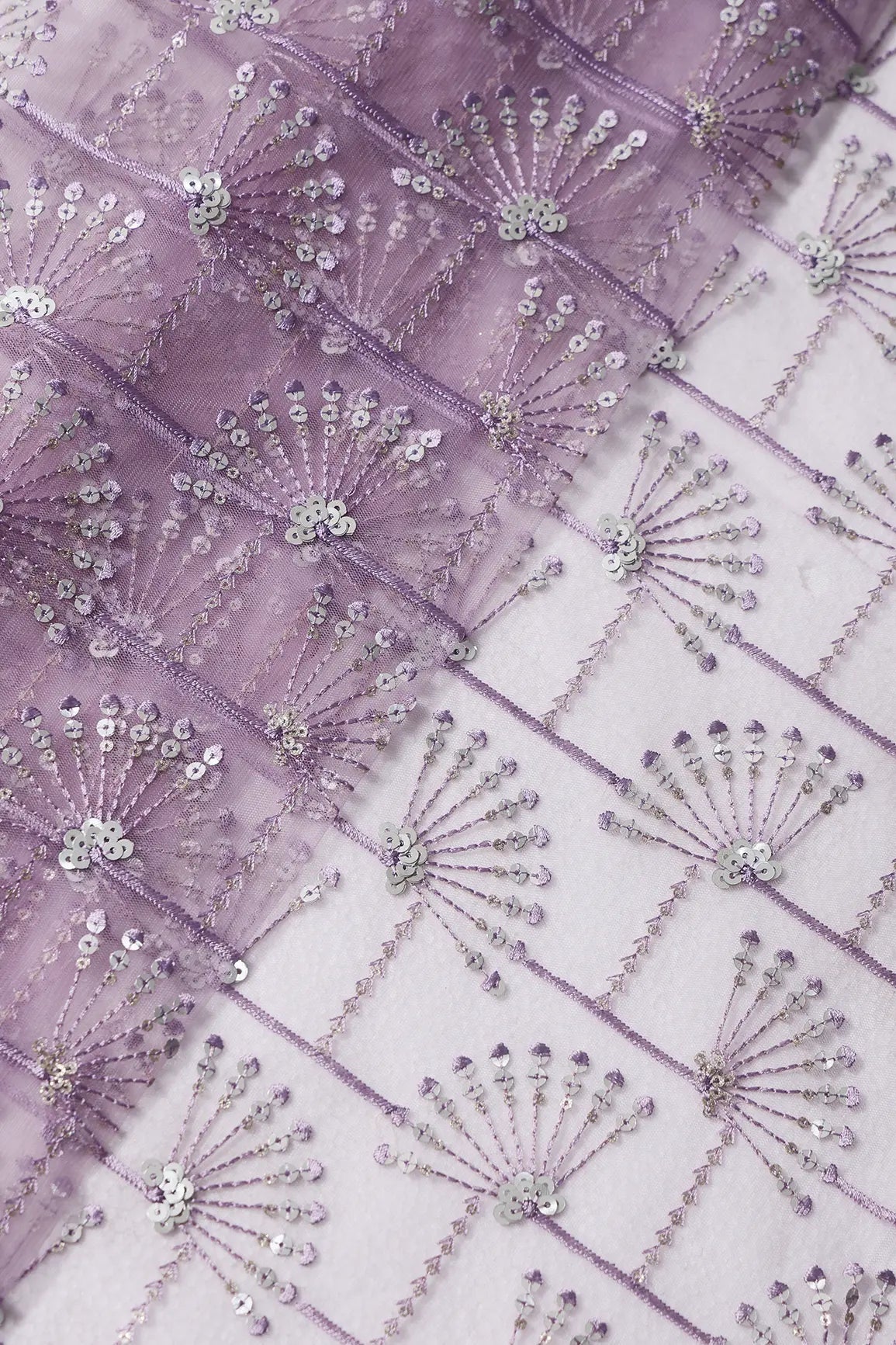 1 Meter Cut Piece Of Gold And Silver Sequins With Lilac Purple Thread Embroidery On Lilac Purple Soft Net - doeraa