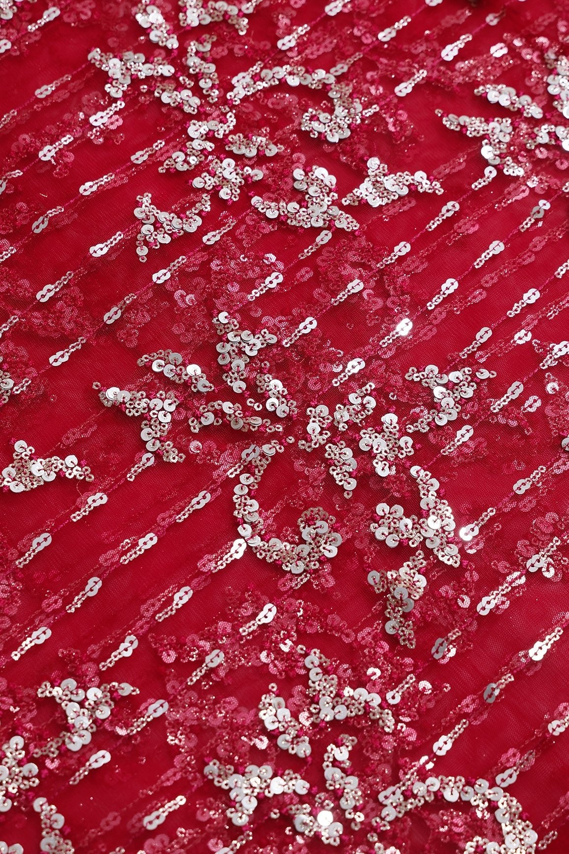 1 Meter Cut Piece Of Gold And Silver Sequins With Red Thread Abstract Embroidery Work On Red Soft Net Fabric - doeraa