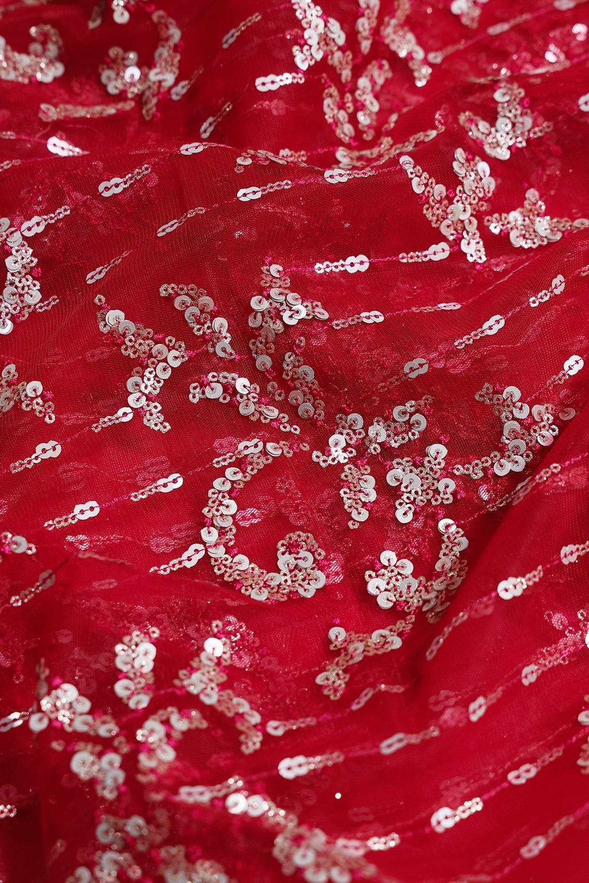 1 Meter Cut Piece Of Gold And Silver Sequins With Red Thread Abstract Embroidery Work On Red Soft Net Fabric - doeraa
