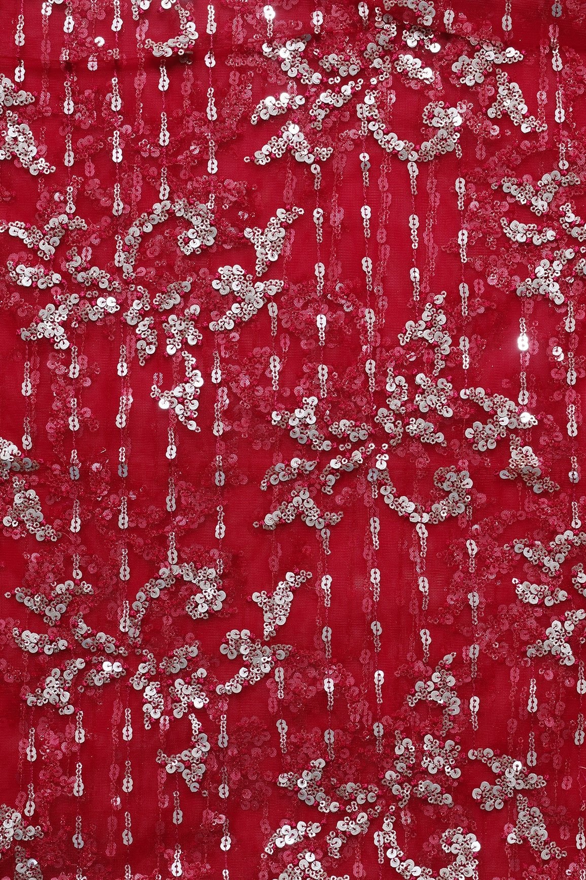 1 Meter Cut Piece Of Gold And Silver Sequins With Red Thread Abstract Embroidery Work On Red Soft Net Fabric - doeraa