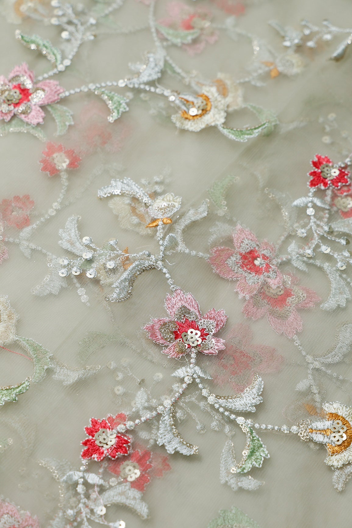 1 Meter Cut Piece Of Multi Thread With Gold Sequins Floral Embroidery On Olive Soft Net Fabric - doeraa