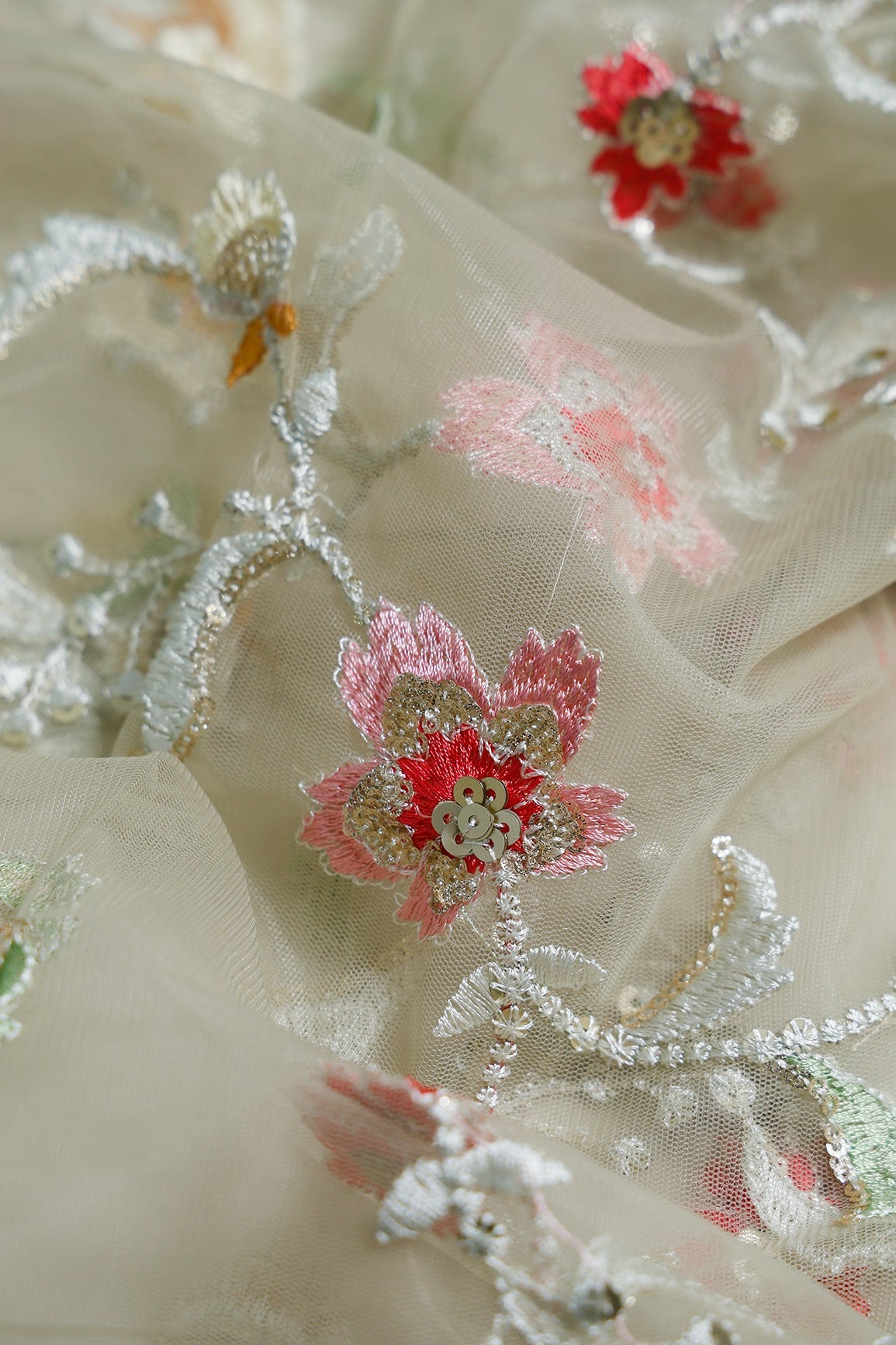 1 Meter Cut Piece Of Multi Thread With Gold Sequins Floral Embroidery On Olive Soft Net Fabric - doeraa