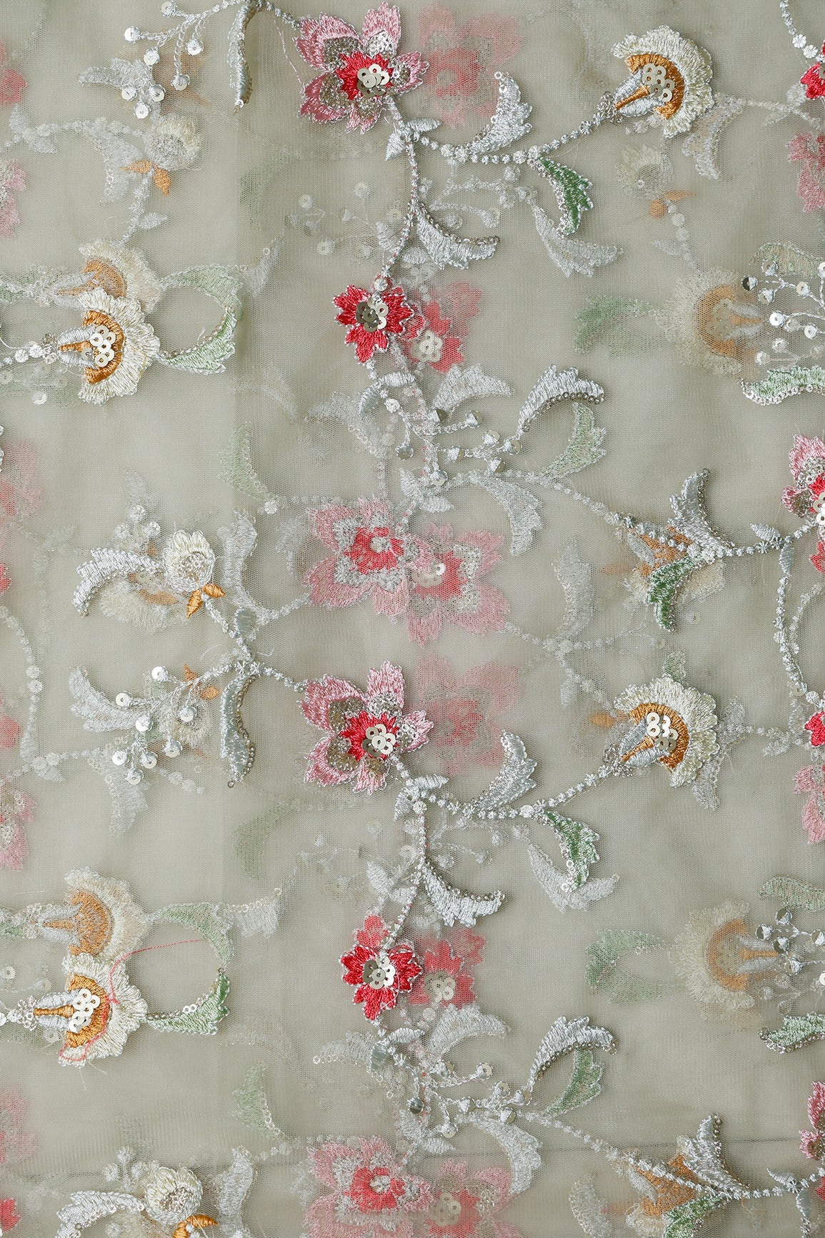 1 Meter Cut Piece Of Multi Thread With Gold Sequins Floral Embroidery On Olive Soft Net Fabric - doeraa