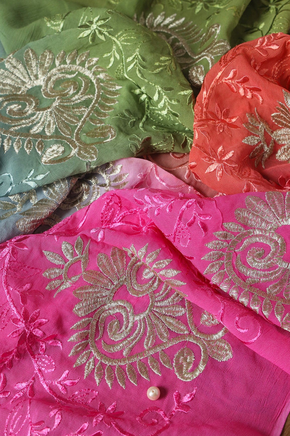 1 Meter Cut Piece Of Multi Thread With Silver Zari Floral Embroidery On Multi Color Viscose Georgette Fabric - doeraa